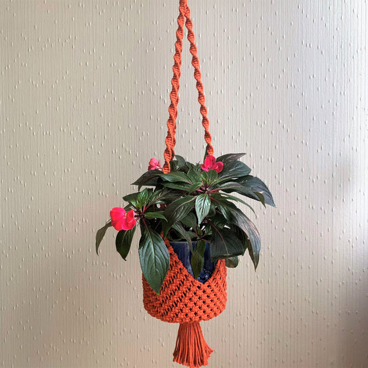 An orange basket-style macrame plant hanger with a houseplant in a blue planter hanging from the ceiling.