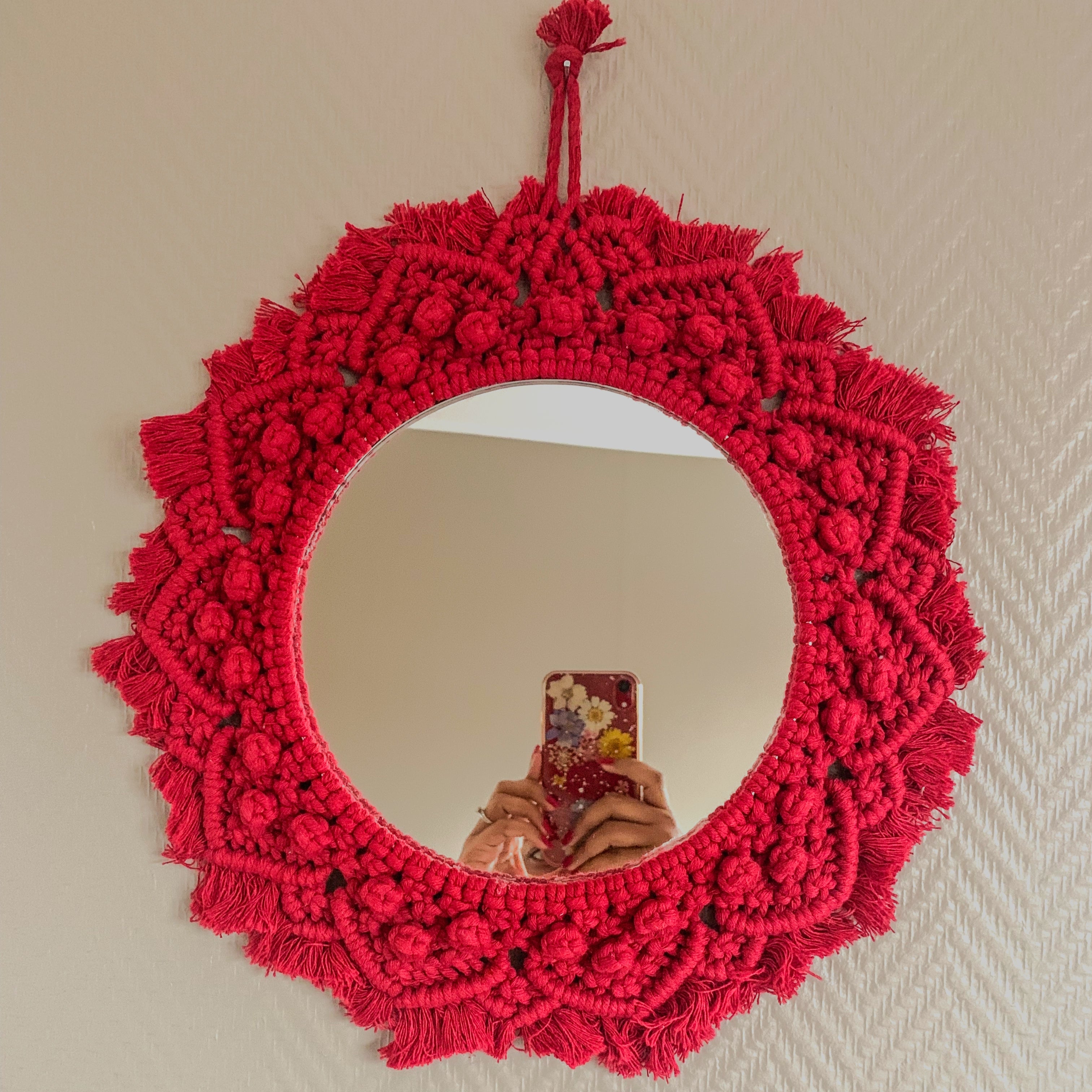 Red Bohemian Wall Mirror made using the technique of macrame 
