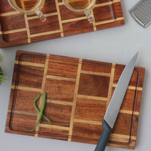 A brick pattern wooden cutting board made from Walnut and Birch Wood. 