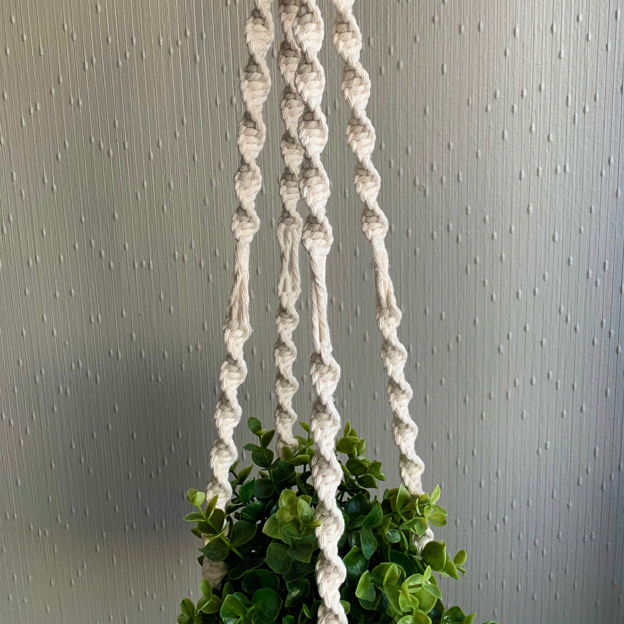 Close up of macrame knots on a white macrame plant hanger