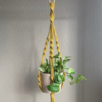 Load image into Gallery viewer, A lemon green twisted macrame plant hanger with a green pothos plant in an off-white colour planter hanging from the ceiling
