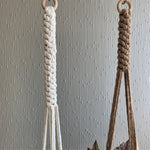 Load image into Gallery viewer, A close up shot of macrame knots on a brown and a white macrame plant hanger
