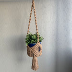 Load image into Gallery viewer, A brown macrame basket plant hanger with a green plant in a blue planter hanging from the ceiling
