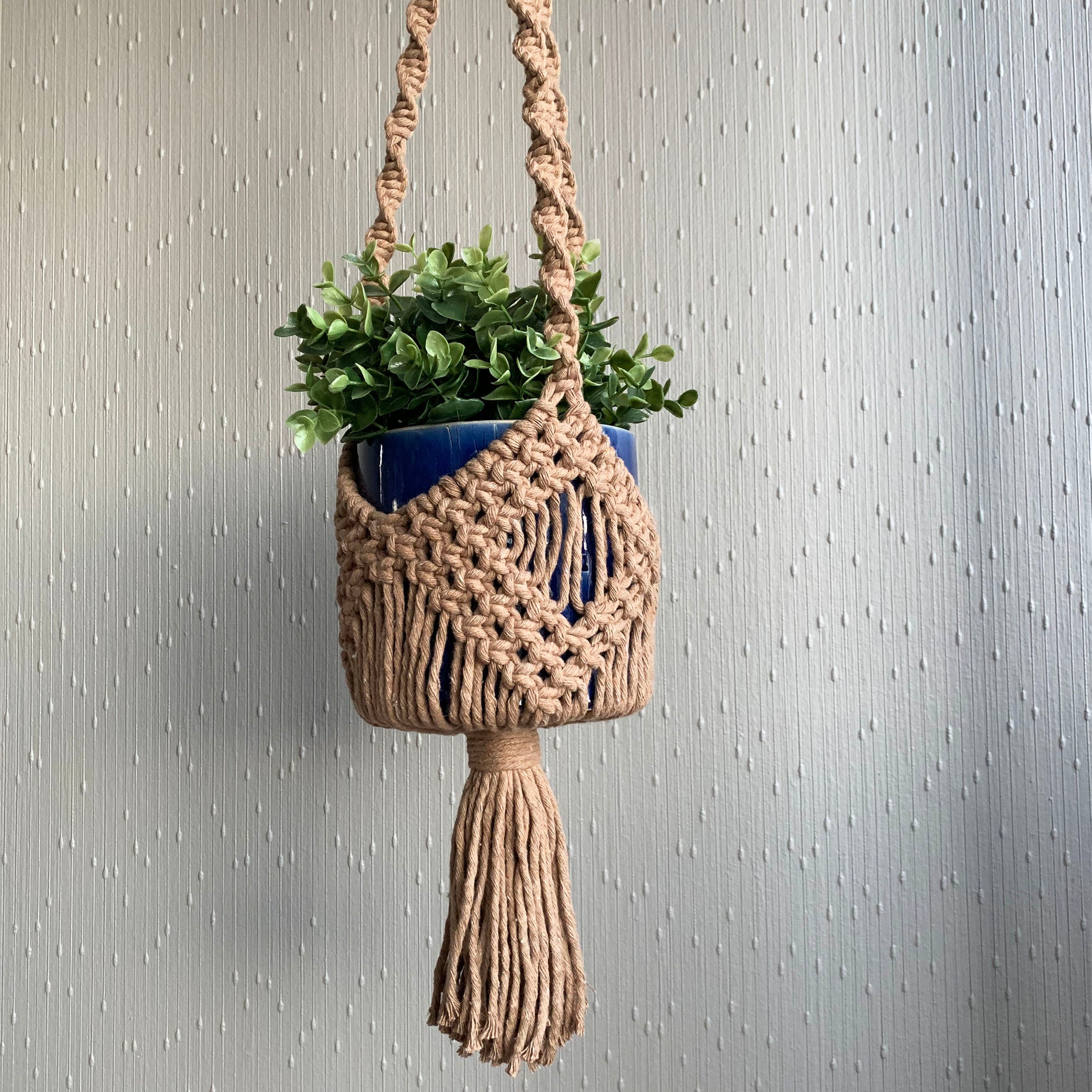 Intricate macrame knots on a brown boho basket plant hanger with a green plant in a blue planter