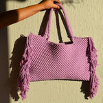 Load image into Gallery viewer, A lavender coloured handcrafted tote bag with fringe detailing
